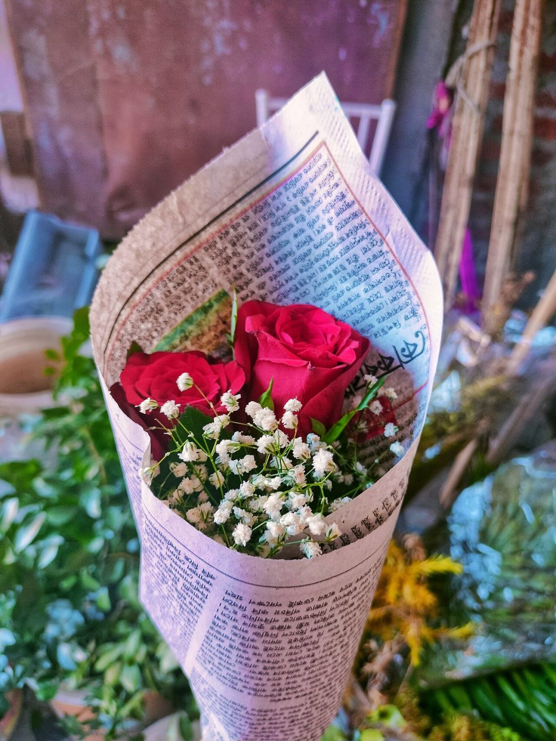A lush bouquet of deep red roses